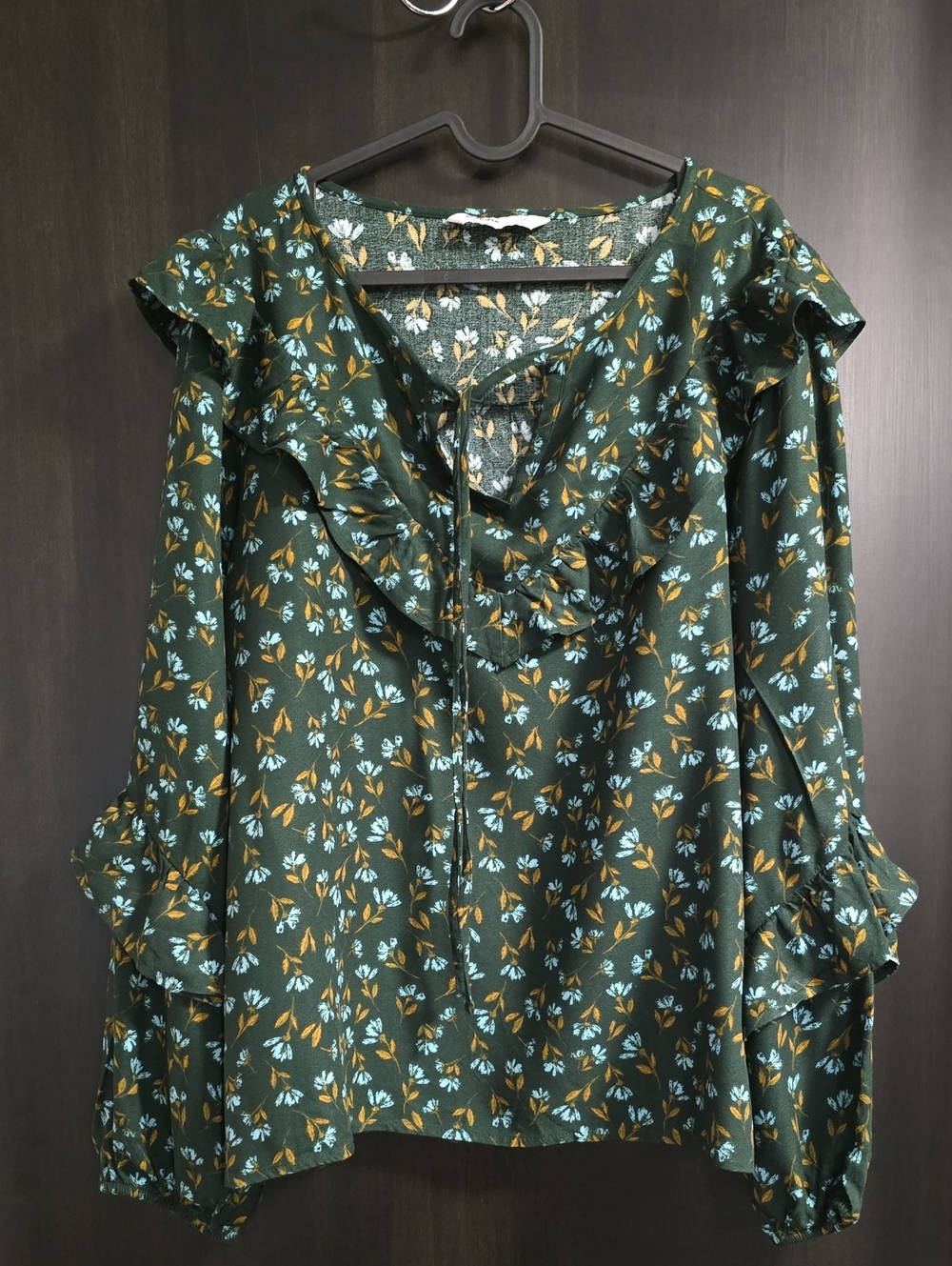 Sonoma Dark Green Floral Rayon Ruffle Tie-Neck Blouse, NWOT, XXL